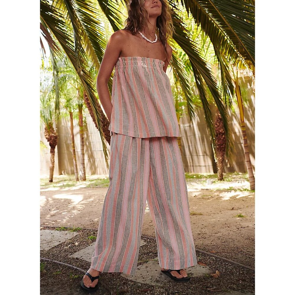 Free People Multistripe Strapless Wide-Leg Jumpsuit in Coral and Sage